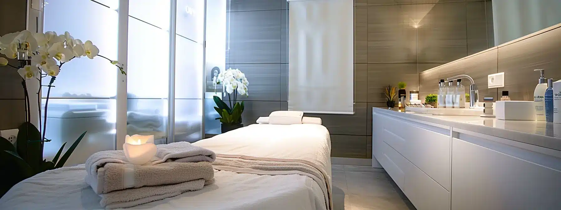 Inkless Stretch Marks Treatment Results Over Time 3 A Beautifully Lit Clinic Environment Featuring A Serene Treatment Room, Where A Sophisticated, Inkless Stretch Mark Treatment Is Being Showcased On A Glowing Skin Model, Highlighting The Advanced Technology And Impressive Skin Improvements.