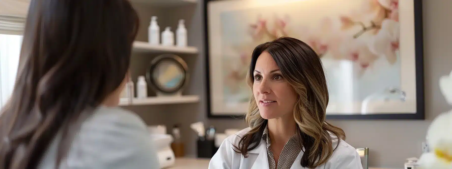 Inkless Vs Laser Treatments For Stretch Marks Removal 7 A Serene Consultation Room Bathed In Soft, Natural Light, Where A Knowledgeable Dermatologist Attentively Discusses Personalized Skin Care Treatment Options With A Client, Embodying A Sense Of Trust And Professionalism.